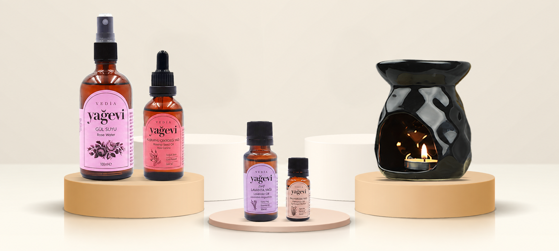 Yağevi rose water, rosehip oil, essential oils and aroma burner