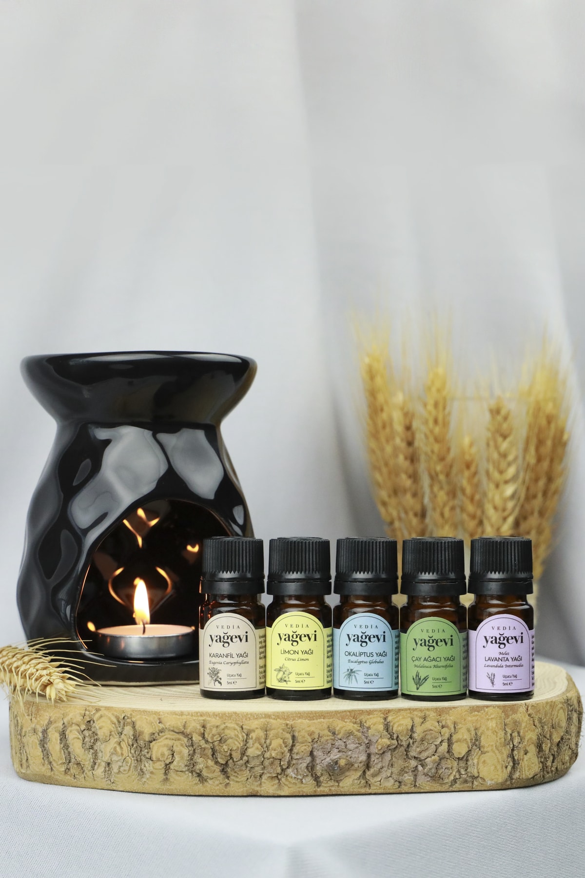 Buhurdanlıklı Uçucu Yağ Seti – Lavanta, Limon, Çay Ağacı, Okaliptüs & Karanfil | 5 x 5 ml Buhurdanlıklı Uçucu Yağ Seti – Lavanta, Limon, Çay Ağacı, Okaliptüs & Karanfil | 5 x 5 ml