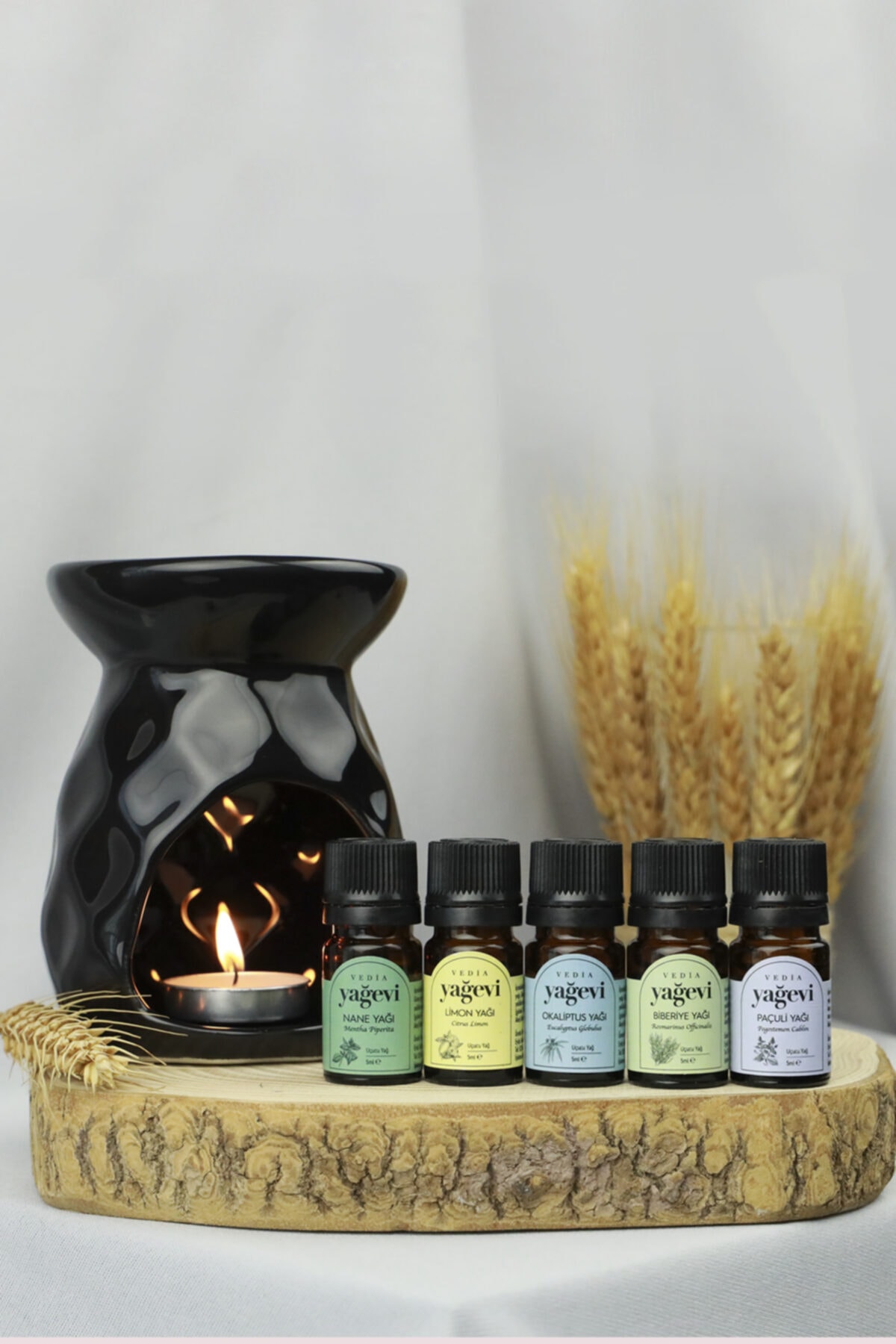 Buhurdanlıklı Uçucu Yağ Seti – Paçuli, Biberiye, Limon, Nane & Okaliptüs | 5 x 5 ml Buhurdanlıklı Uçucu Yağ Seti – Paçuli, Biberiye, Limon, Nane & Okaliptüs | 5 x 5 ml